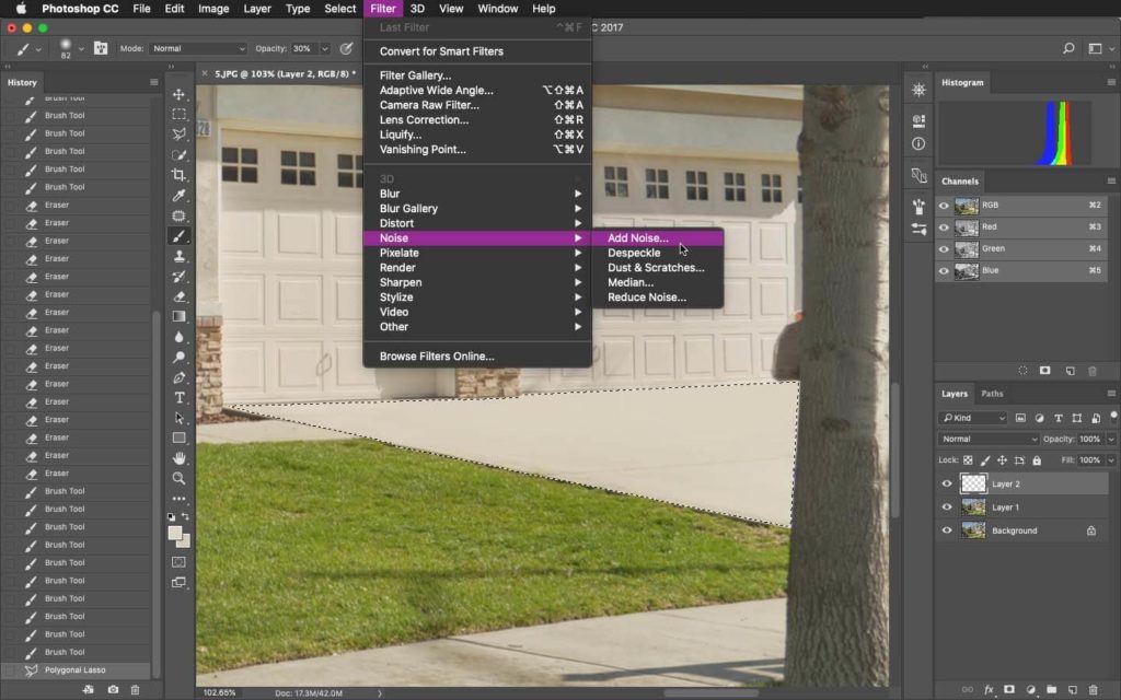 How to remove an object in Adobe Photoshop: Add noise