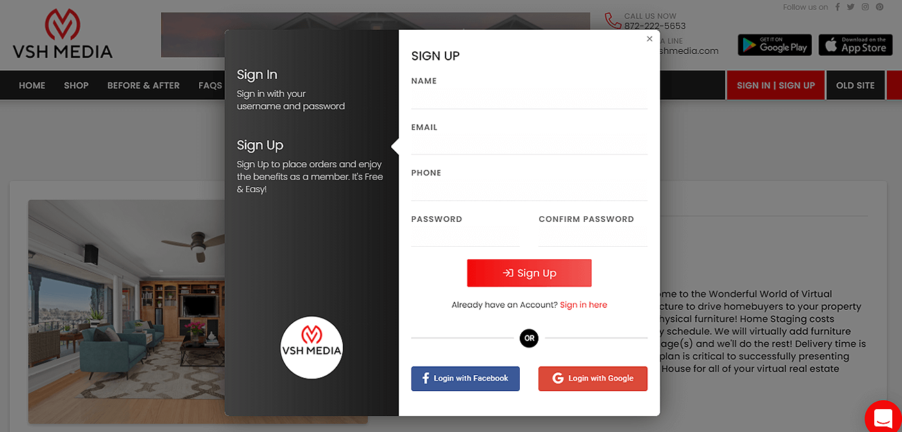 VSH Media virtual staging review: sign up page