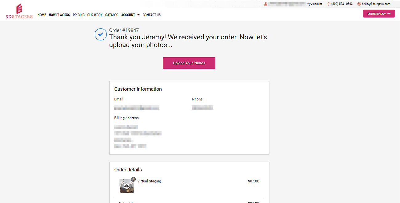 3D Stagers order confirmation page