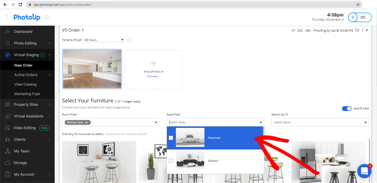 Choosing virtual staging furniture in PhotoUp