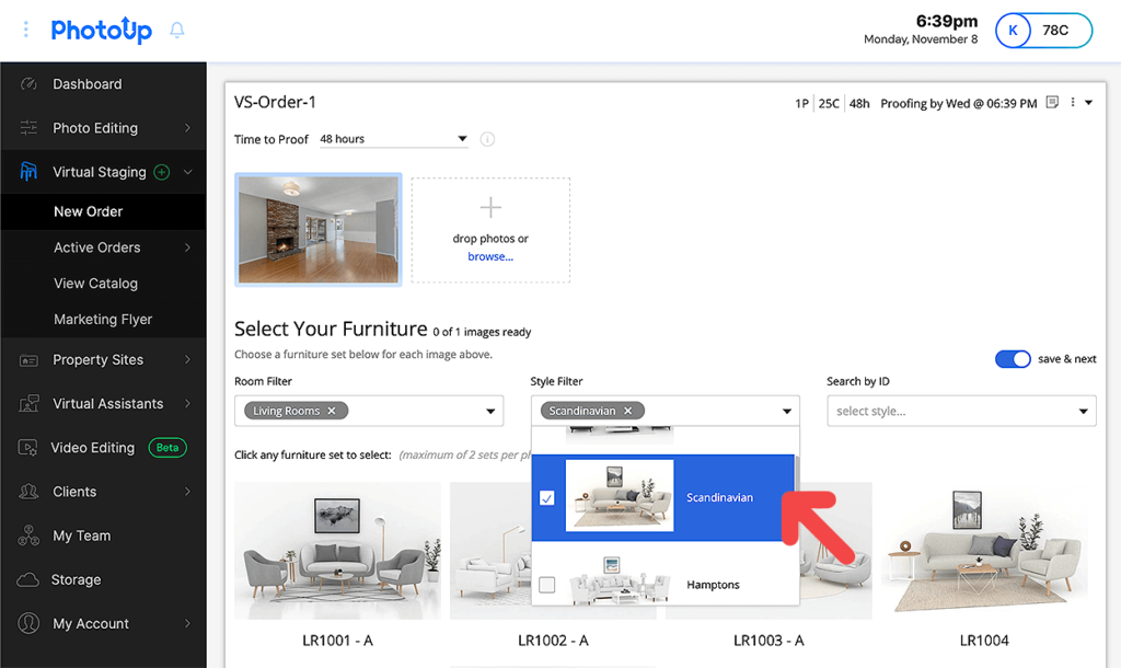 Choosing furniture style for virtual staging in PhotoUp