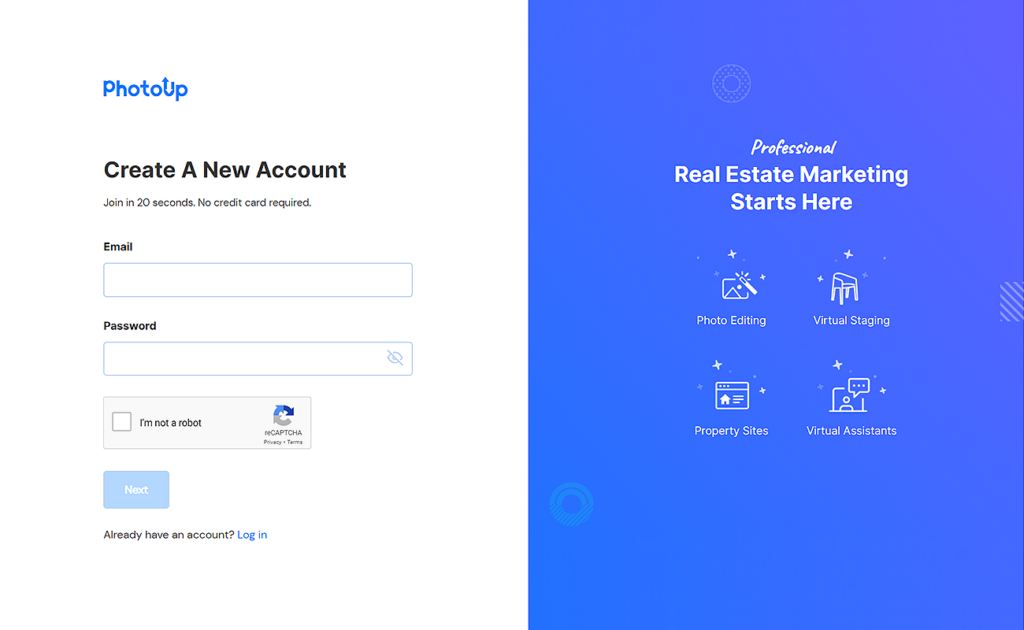 PhotoUp virtual staging review: Create a new account