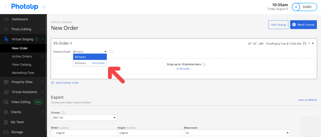 Choosing virtual staging turnaround time in PhotoUp