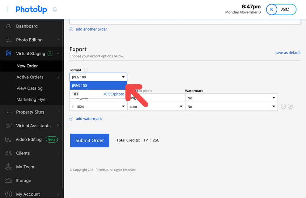 Choosing export settings in PhotoUp