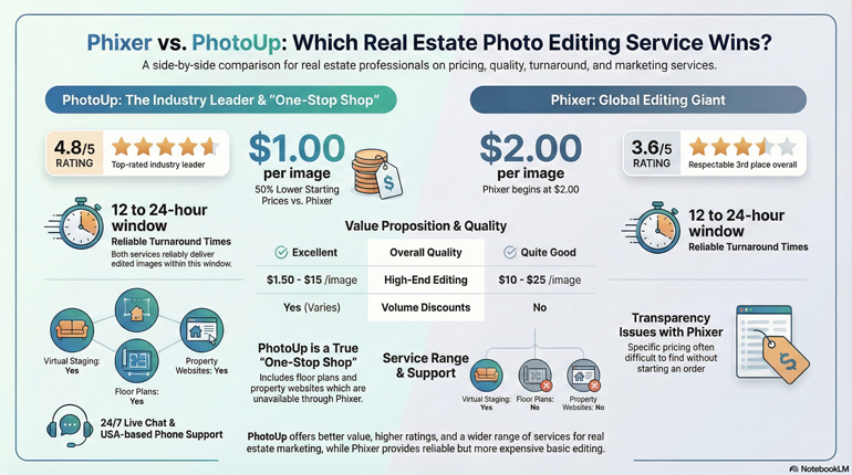 Phixer vs PhotoUp: Which Real Estate Photo Editing Service Wins Infographic