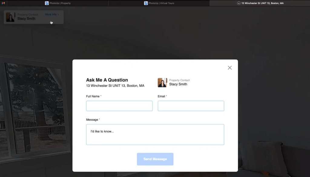 Send a message to contact in PhotoUp virtual house tours