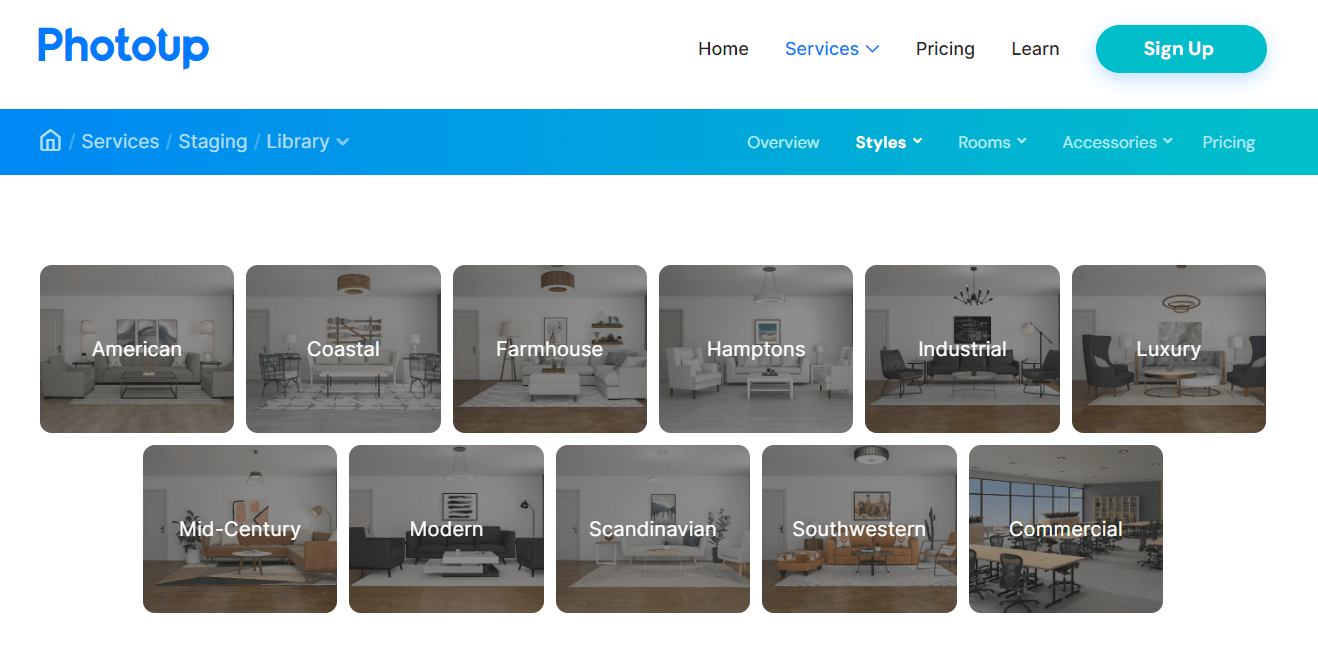 PhotoUp's virtual staging design library