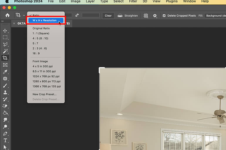 Select crop W x H x Resolution in Photoshop