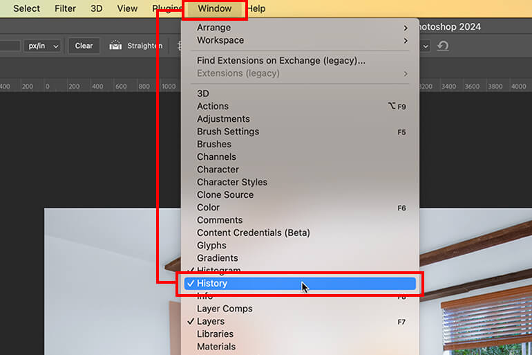 Window menu and select History