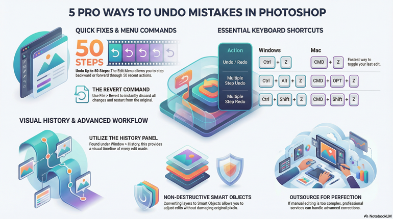 5 Pro Ways to Undo Mistakes in Photoshop Infographic