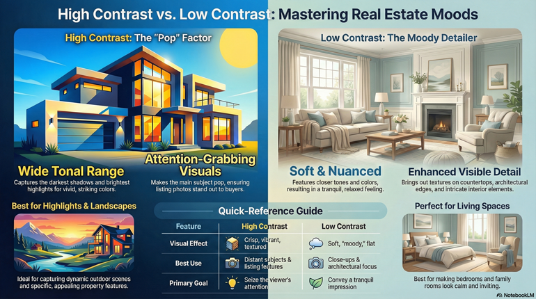 Low Contrast vs High Contrast for Real Estate Photography Infographic