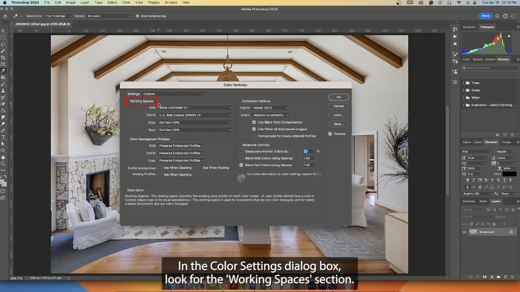 how to change the color space in photoshop