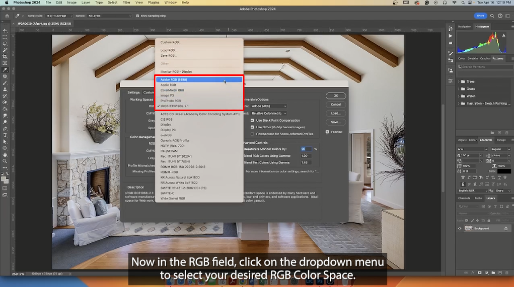 choosing RGB color space in Photoshop