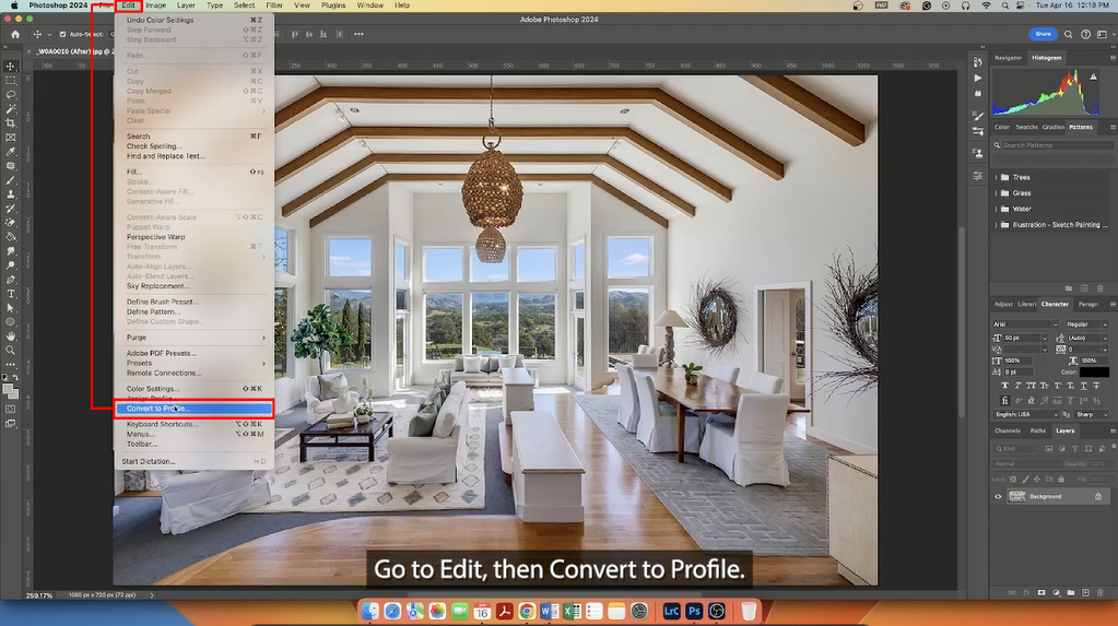 selecting edit and convert to profile in Photoshop