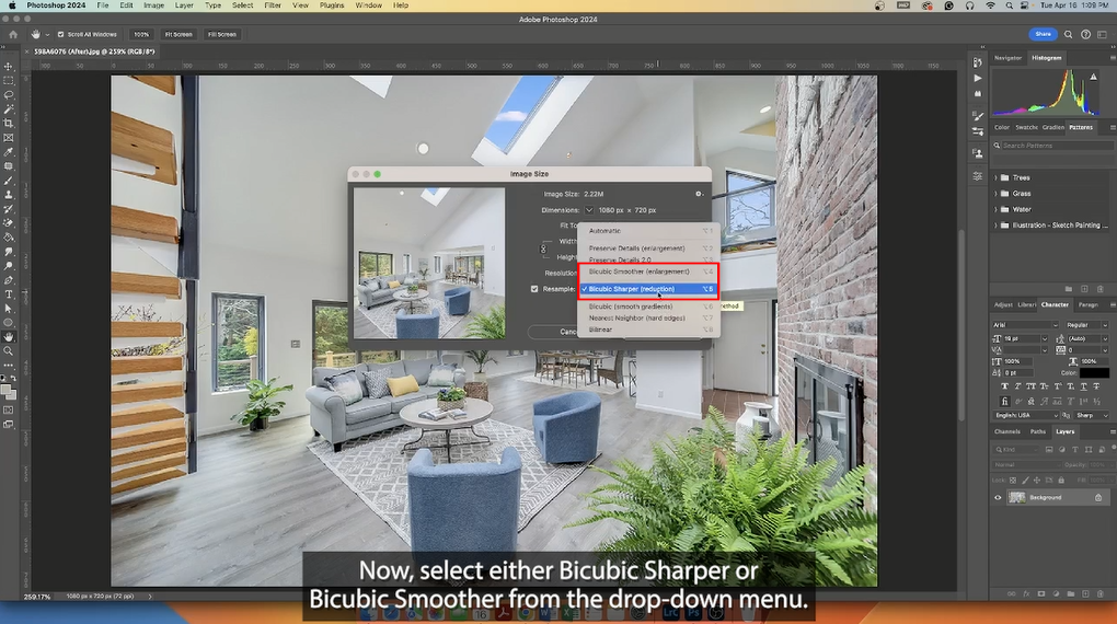 Selecting bicubic sharper in Photoshop