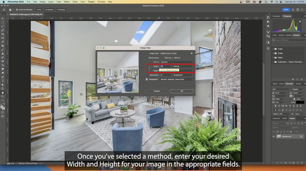 Setting the desired width and height of your image in Photoshop