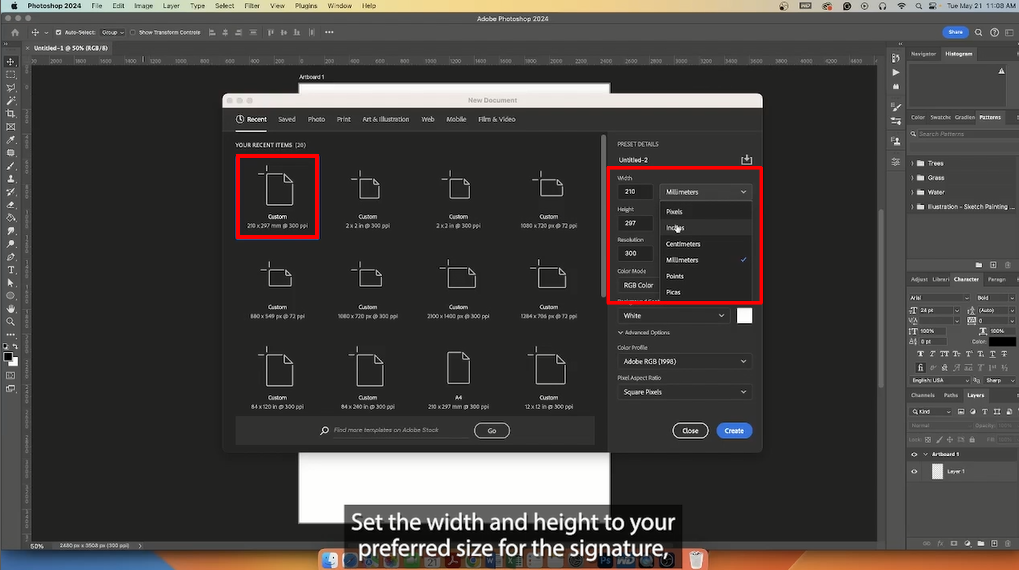 Setting the width and height and resolution in Photoshop