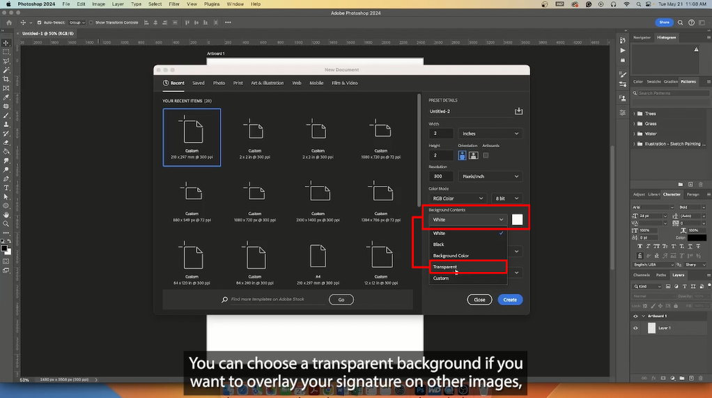 Choosing transparent background in Photoshop