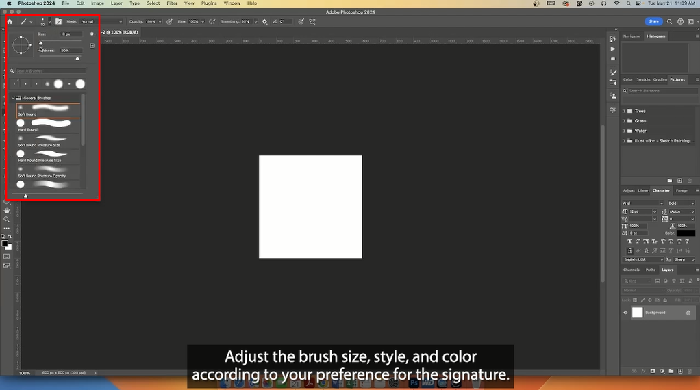 Setting brush size, style and color in Photoshop.