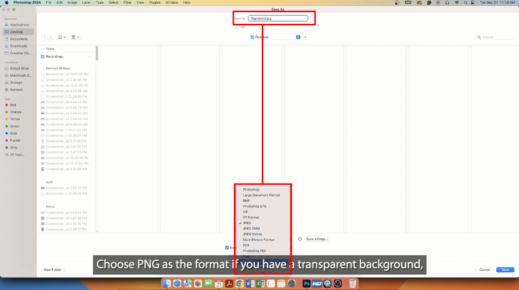 Choosing image format for saving your image in Photoshop.