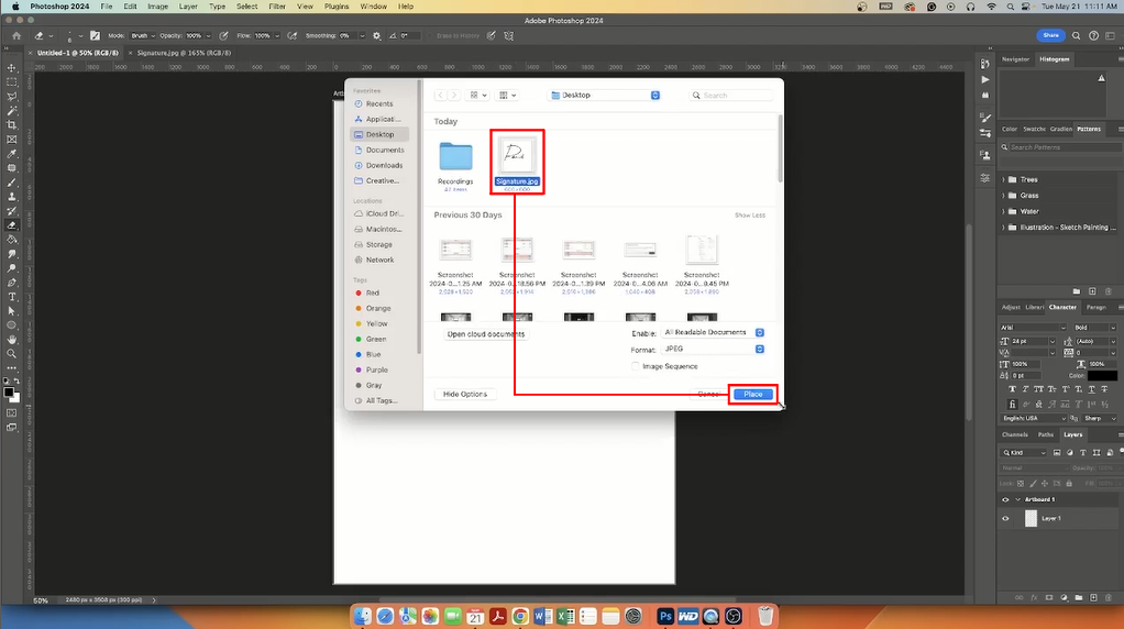 Choosing your signature and placing it in your document. 