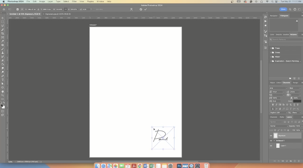 Placing your signature in the document in Photoshop.