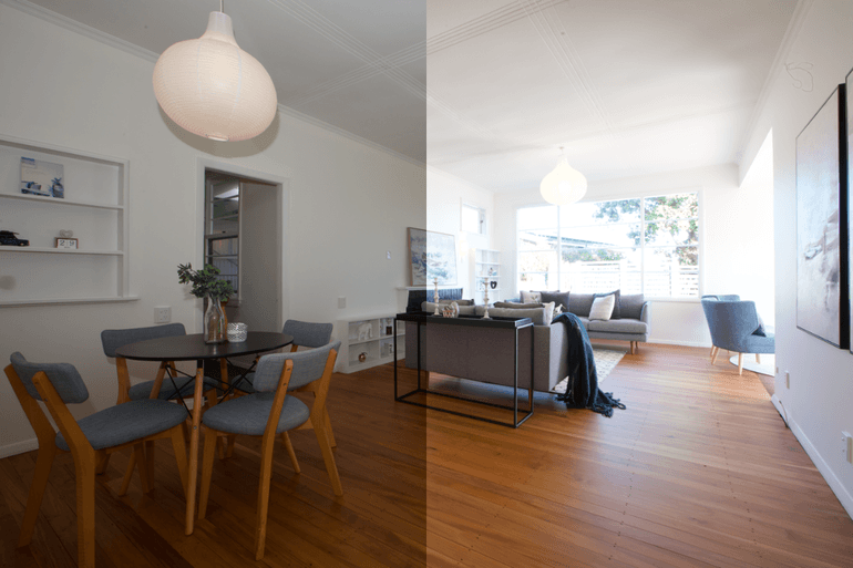 Before and after real estate photo editing of a brightened living room and dining area.