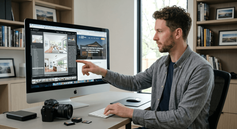 Photographer editing real estate photos on a desktop computer for outsourced post-processing.