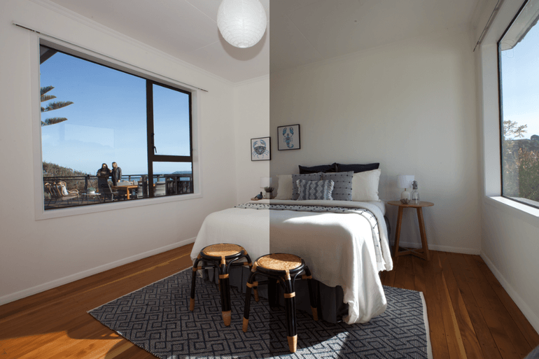 Before and after real estate photo editing of a bedroom with enhanced brightness, color, and detail.