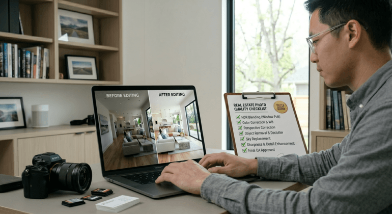 Photographer reviewing outsourced real estate photo edits and quality control standards.