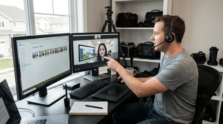 Real estate photographer collaborating with an outsourced editing team to scale business operations.