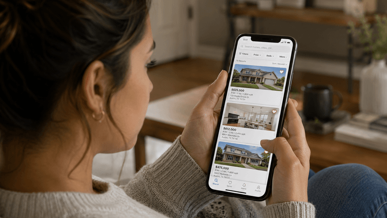 Homebuyer browsing real estate listings on a smartphone, highlighting the importance of high-quality HDR property photos.