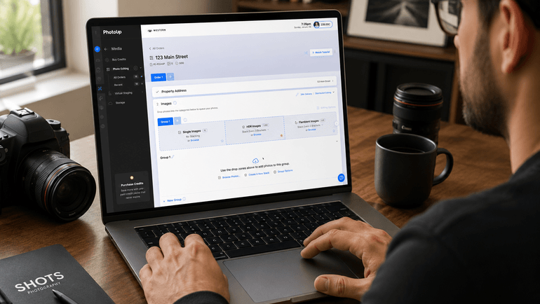 Photographer managing real estate photo editing projects through the PhotoUp platform on a laptop.