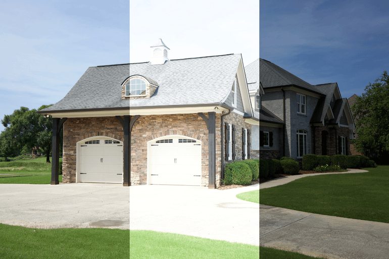 Before and after HDR real estate photo editing showing multiple exposure blending for balanced lighting and enhanced property details.