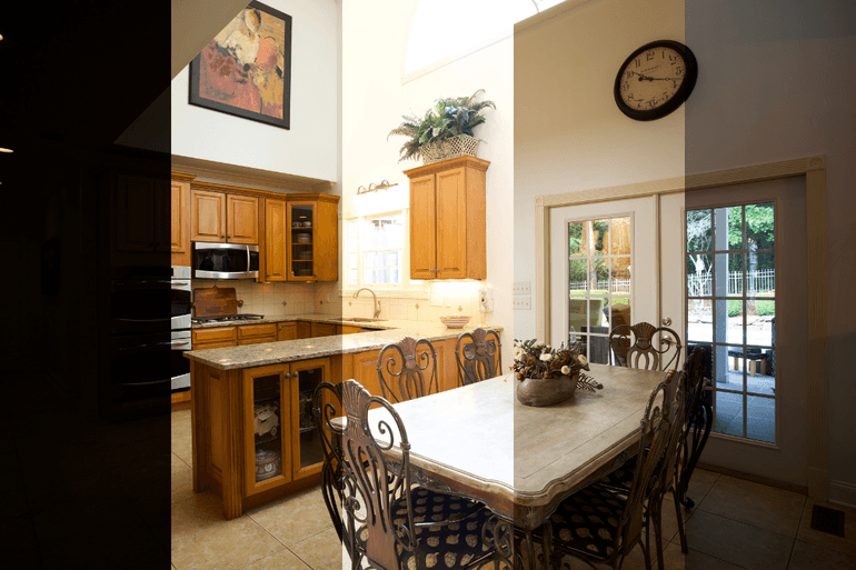Before-and-after comparison of real estate HDR photo editing, showcasing bracketed exposure blending and window pulls in a kitchen.