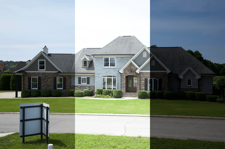Side-by-side comparison of a home exterior illustrating advanced real estate photo editing, sky replacement, and object removal.