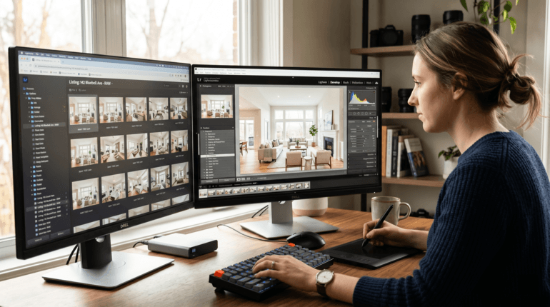 Real estate photographer editing a large property photo gallery on dual monitors, highlighting the time demands of in-house post-production.
