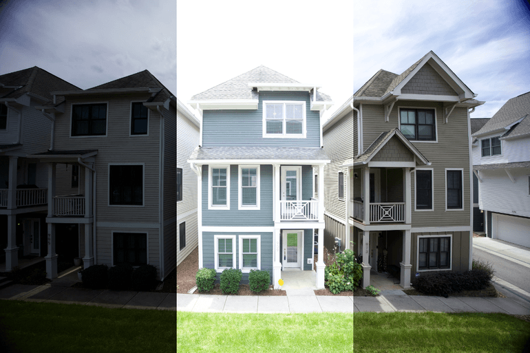 Before and after real estate photo editing showing HDR exposure blending, color correction, and improved image consistency.