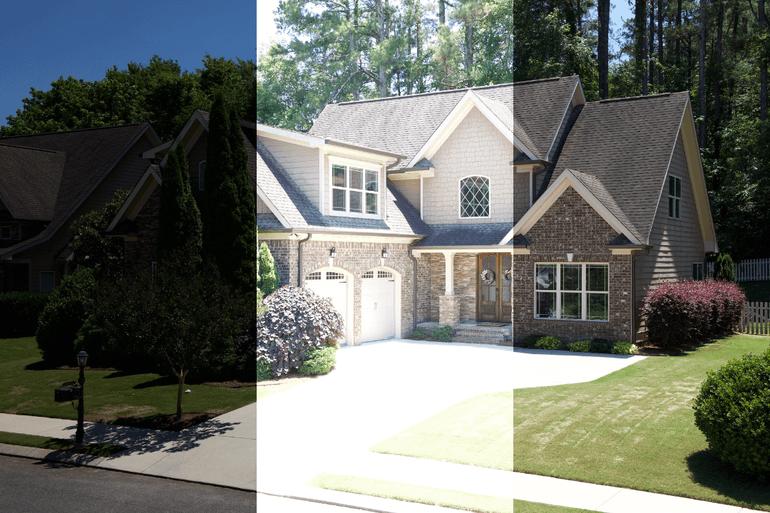 Before and after real estate HDR photo editing showing enhanced exposure, color balance, and curb appeal for a property listing.