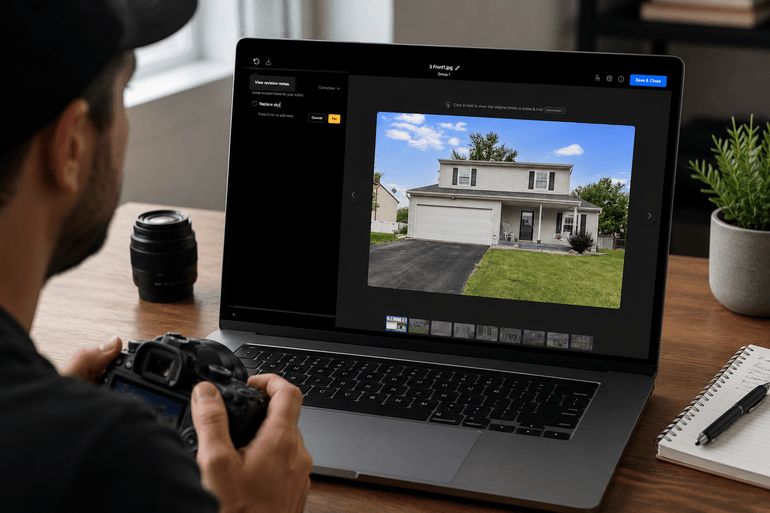 Photographer reviewing uploaded real estate photos on a laptop, illustrating a streamlined workflow for file uploads, delivery tracking, and revision requests.