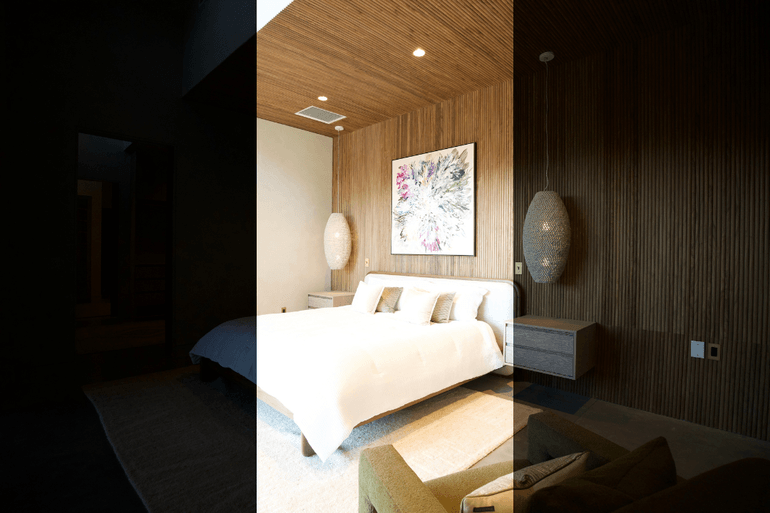 Before and after real estate bedroom photo editing showing exposure correction, white balance adjustment, and HDR enhancement for a brighter, more inviting interior.
