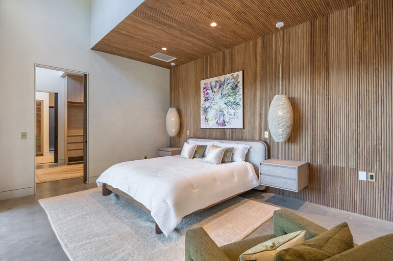 Before and after real estate bedroom photo editing showing exposure correction, white balance adjustment, and HDR enhancement for a brighter, more inviting interior.