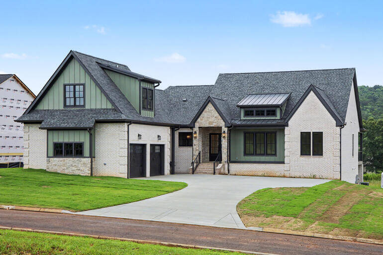 Before and after comparison of AI real estate photo editing demonstrating exterior sky replacement.
