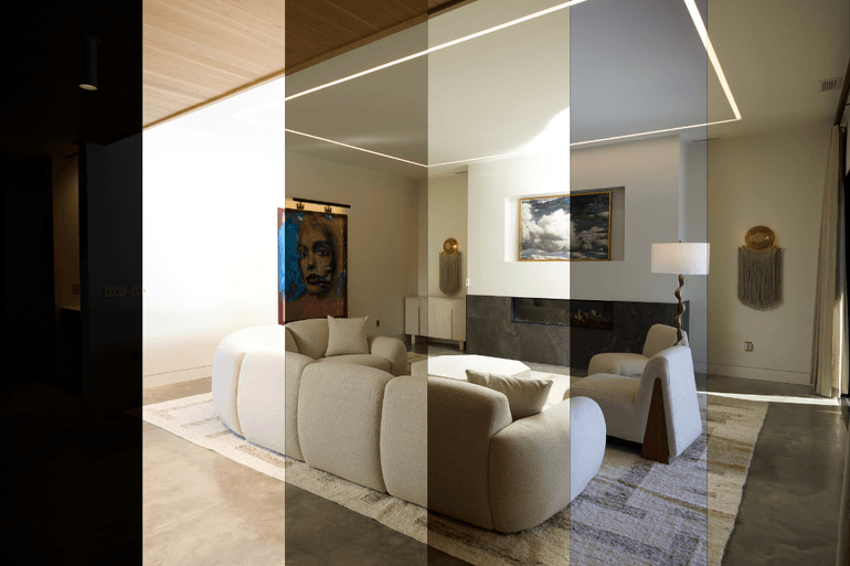Side-by-side comparison of raw bracketed exposures and a fully edited luxury living room.