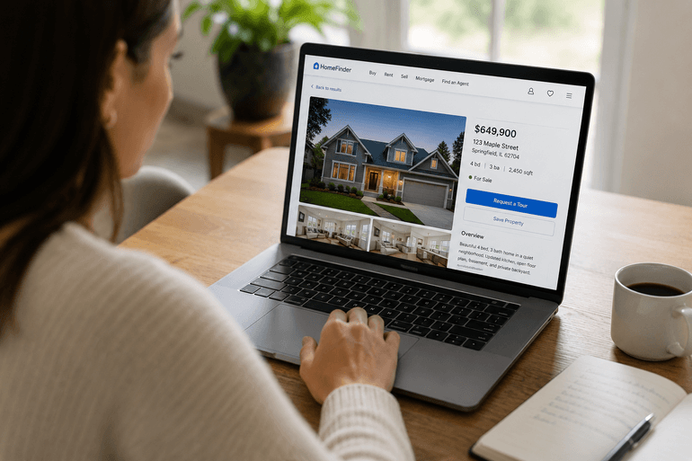 Prospective home buyer reviewing high-quality real estate listing photos on a laptop.