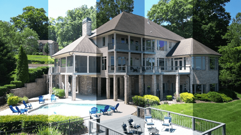 Luxury home exterior with a pool before and after professional real estate photo editing.