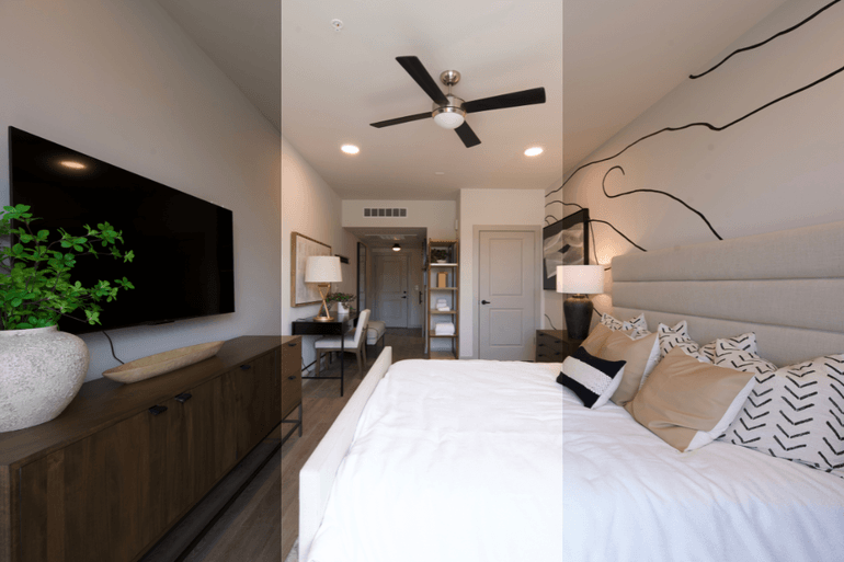 Interior photography comparison showing bracketed exposures versus a final blended image in a modern bedroom.