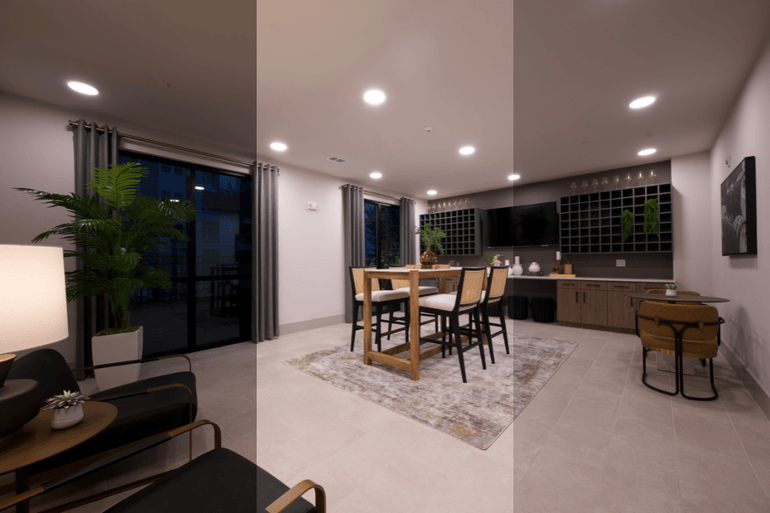 Professional HDR photo editing comparison fixing dark interior real estate photography.