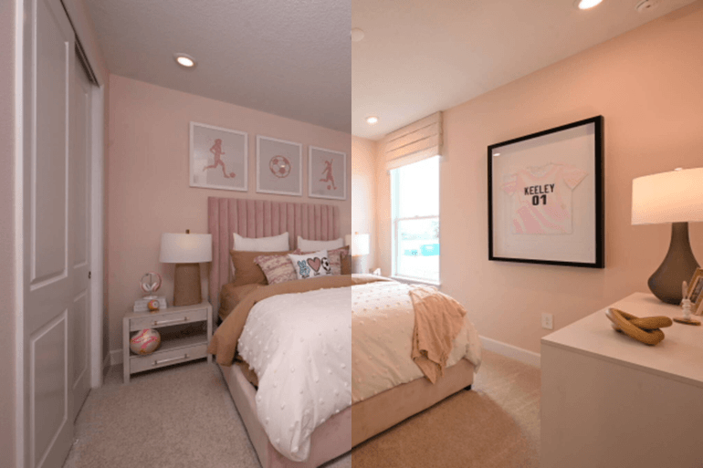 Real estate HDR blending comparison showing bracketed exposures versus a final edited bedroom interior.