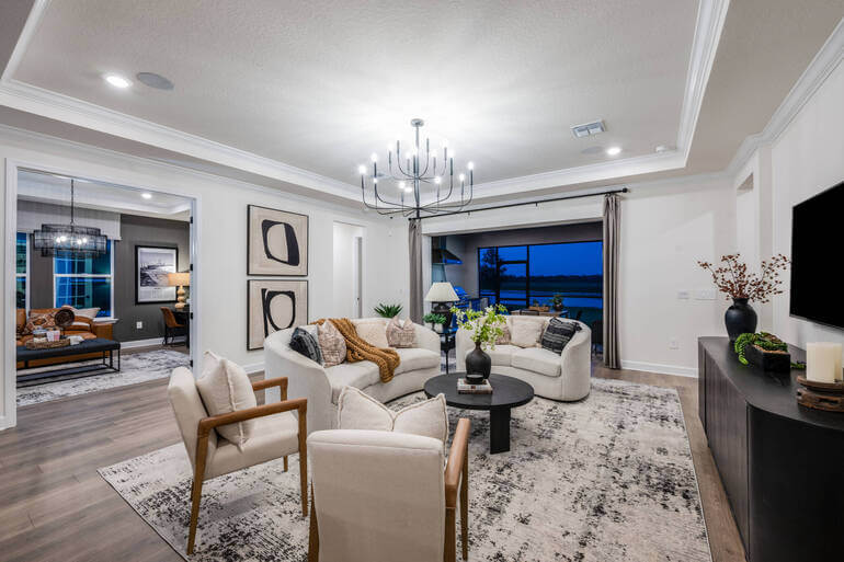 Real estate HDR blending comparison showing bracketed exposures versus a final edited living room.